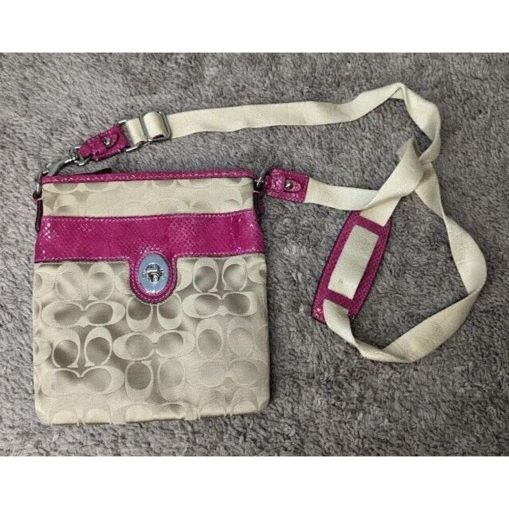 Coach Signature Logo Crossbody Style Pink/Tan Canvas & Nylon Bag# J0982 - 43457
